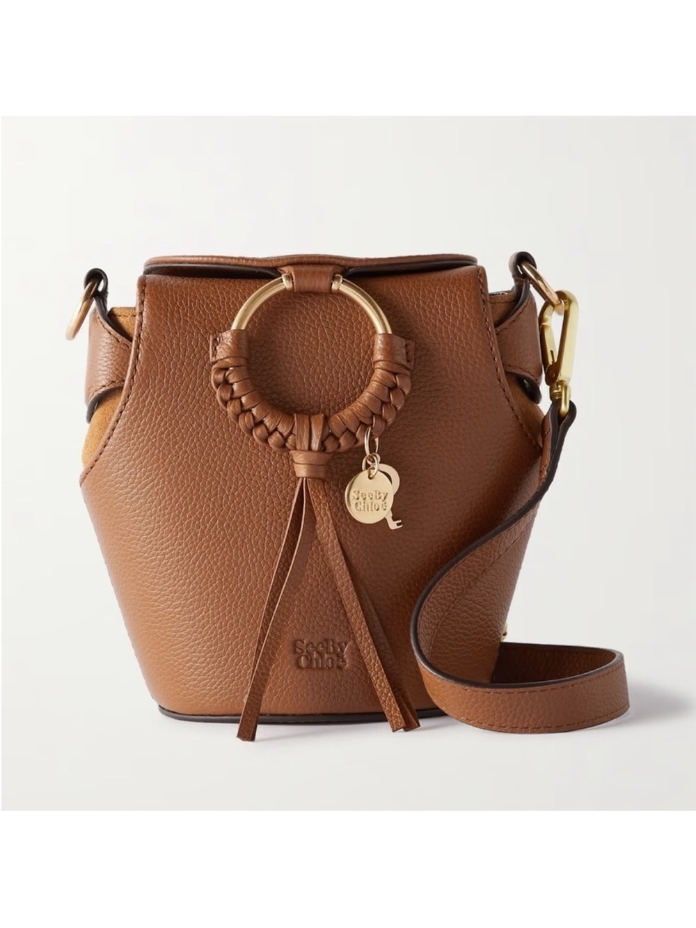 See by Chloe Joan Box Leather Bucket Crossbody Bag Caramello Tan Gold